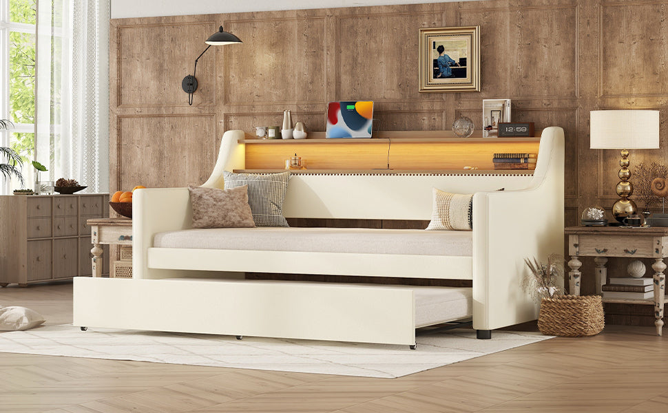 Twin Size Daybed With Trundle, Upholstered Daybed With Charging Station And Led Lights, White Expect Arrive Date:May 20Th. Twin White Pu Leather