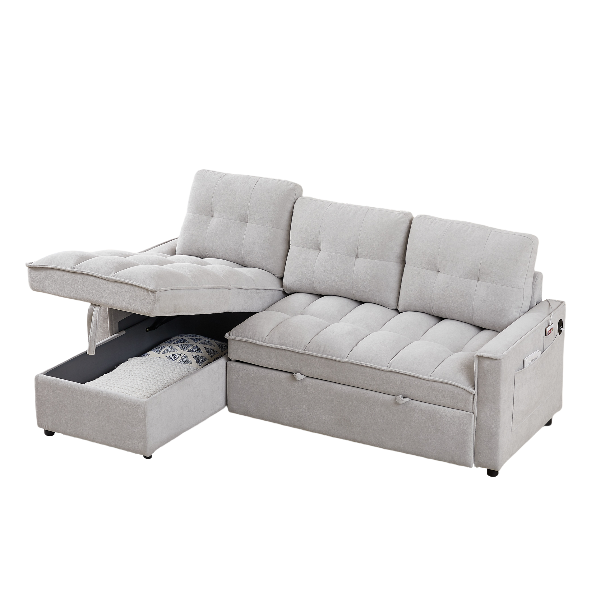 Mh 78.75" Reclining Sofa, Pull Out Sofa Bed With Usb And Tape C Charging Ports, L Shaped Sectional Sofa With Reclining Storage And Arm Side Organizer Pocket Features, Living Room Comfort Sofa Light Grey Chenille Wood Primary Living Space Eucalyptus Foam