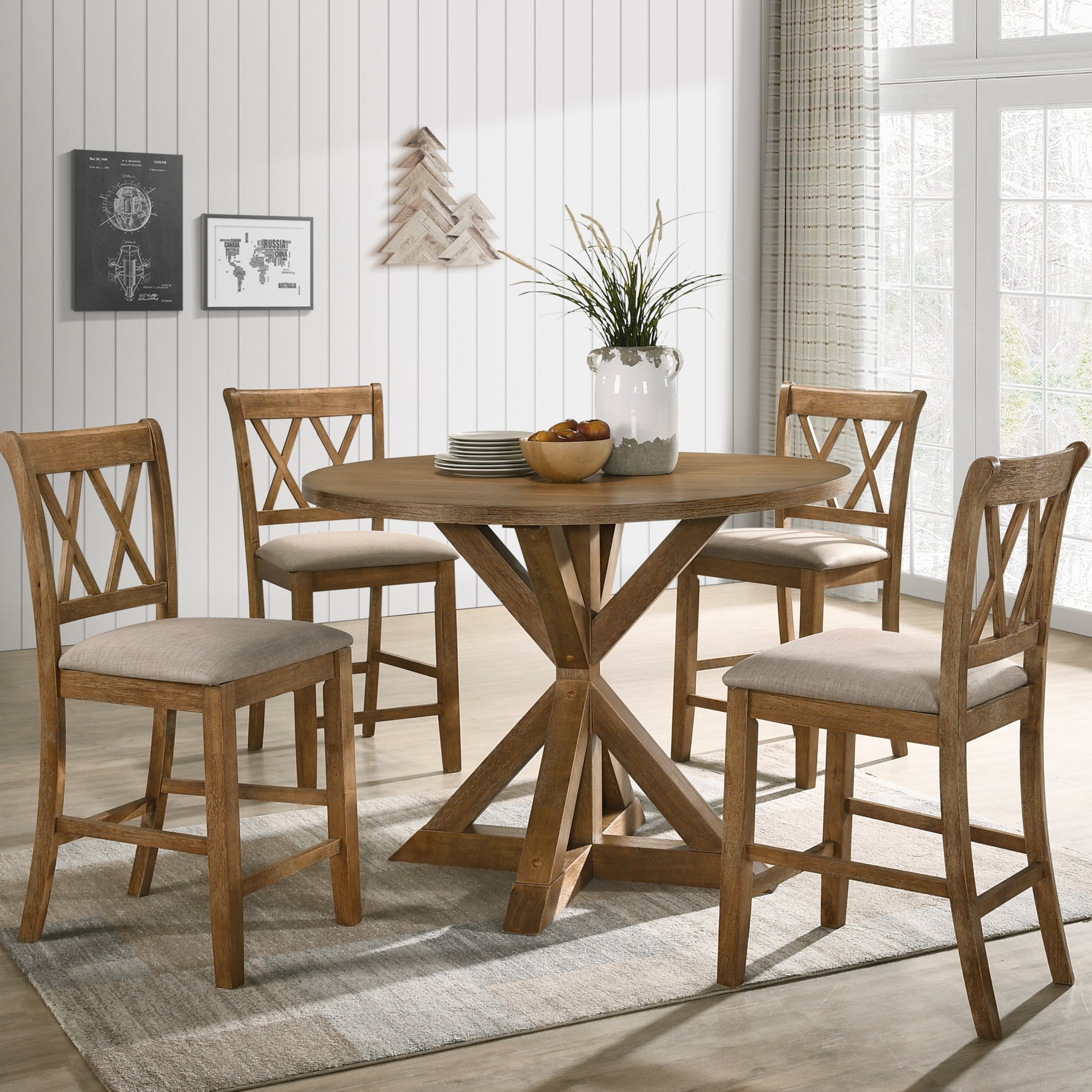 Windvale Cross Buck Wood 5 Piece Counter Height Dining Set, Tan Wood Wood Tan Seats 4 Wood Dining Room Fixed Table Rubberwood Pedestal Round Dining Table With Chair Wood