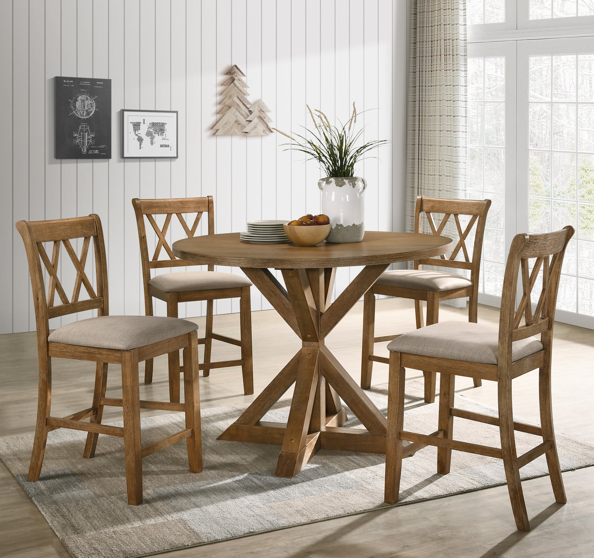 Windvale Cross Buck Wood 5 Piece Counter Height Dining Set, Tan Wood Wood Tan Seats 4 Wood Dining Room Fixed Table Rubberwood Pedestal Round Dining Table With Chair Wood