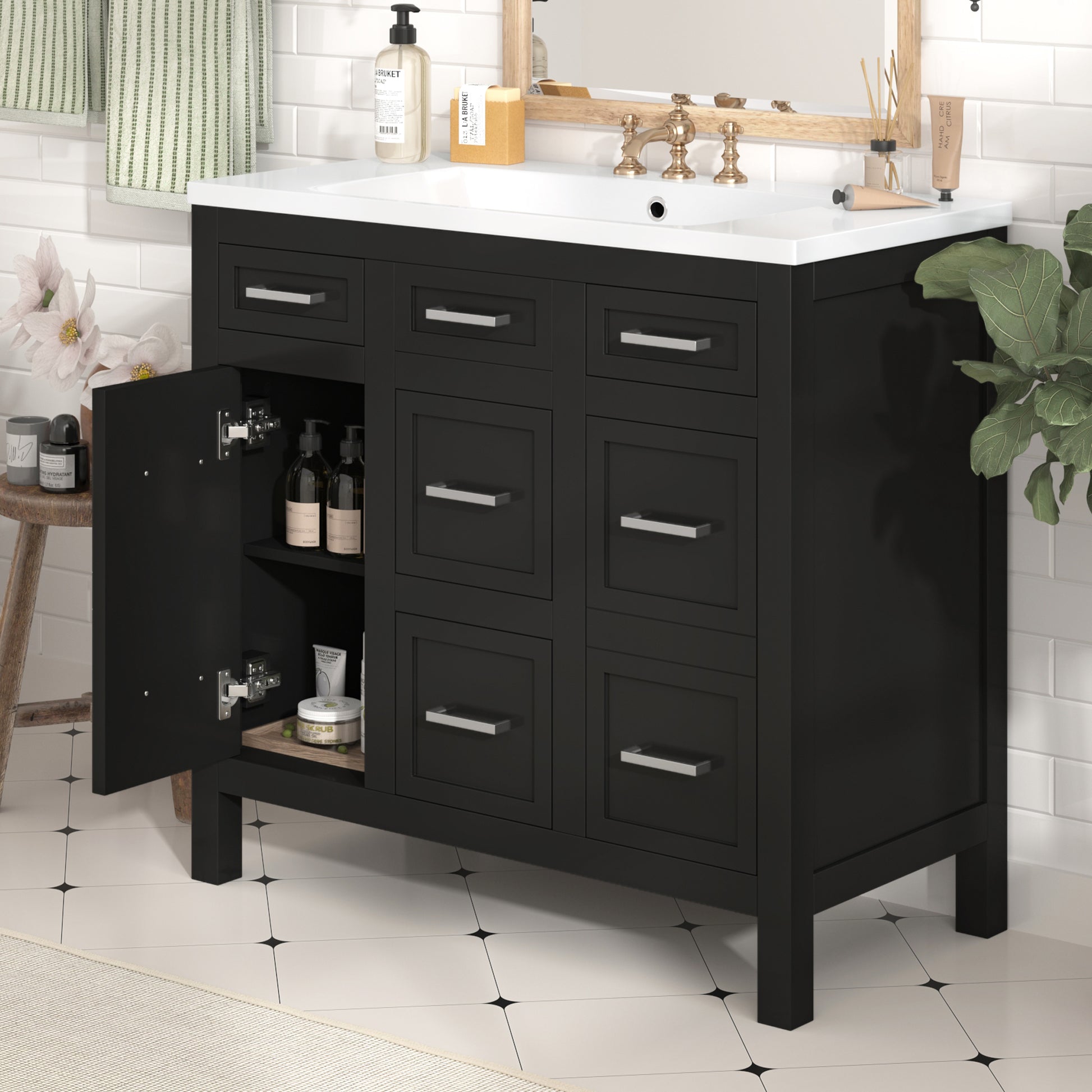 36" Bathroom Vanity Cabinet With Resin Integrated Sink 4 Drawers, 2 Doors Black Bathroom Solid Wood Mdf Resin