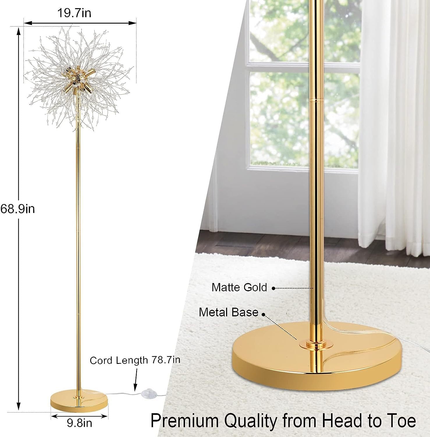 69 Inch Crystal Floor Lamp, Modern Standing Lamp With K9 Crystal, Led Floor Lamp With On Off Foot Switch, Metal Tall Pole Lamp For Living Room, Girls Room, Bedroom, Dresser, Office, Gold Finish Golden Crystal