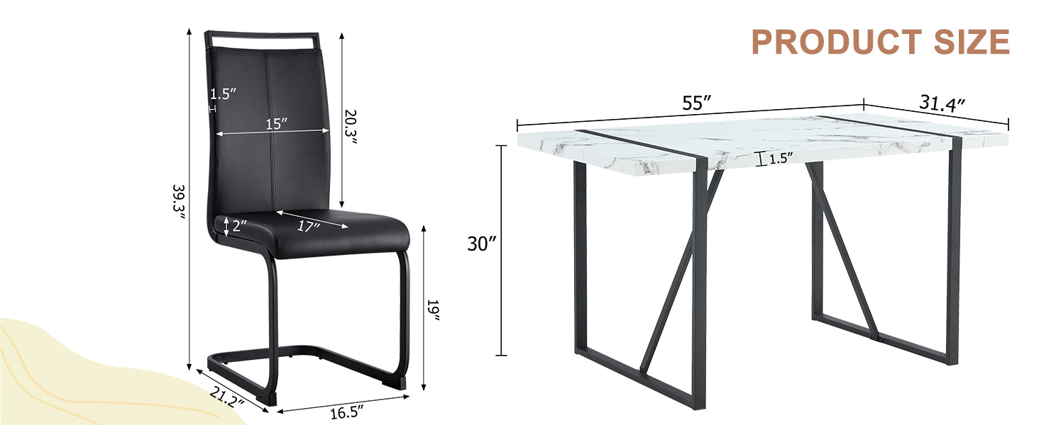 Table And Chair Set.A Modern Minimalist White Marble Veined Mdf Dining Table With Black Metal Frame.Paried With 6 Chairs With Pu Cushions And C Tube Black Metal Legs. White Black Seats 6 Mdf Metal