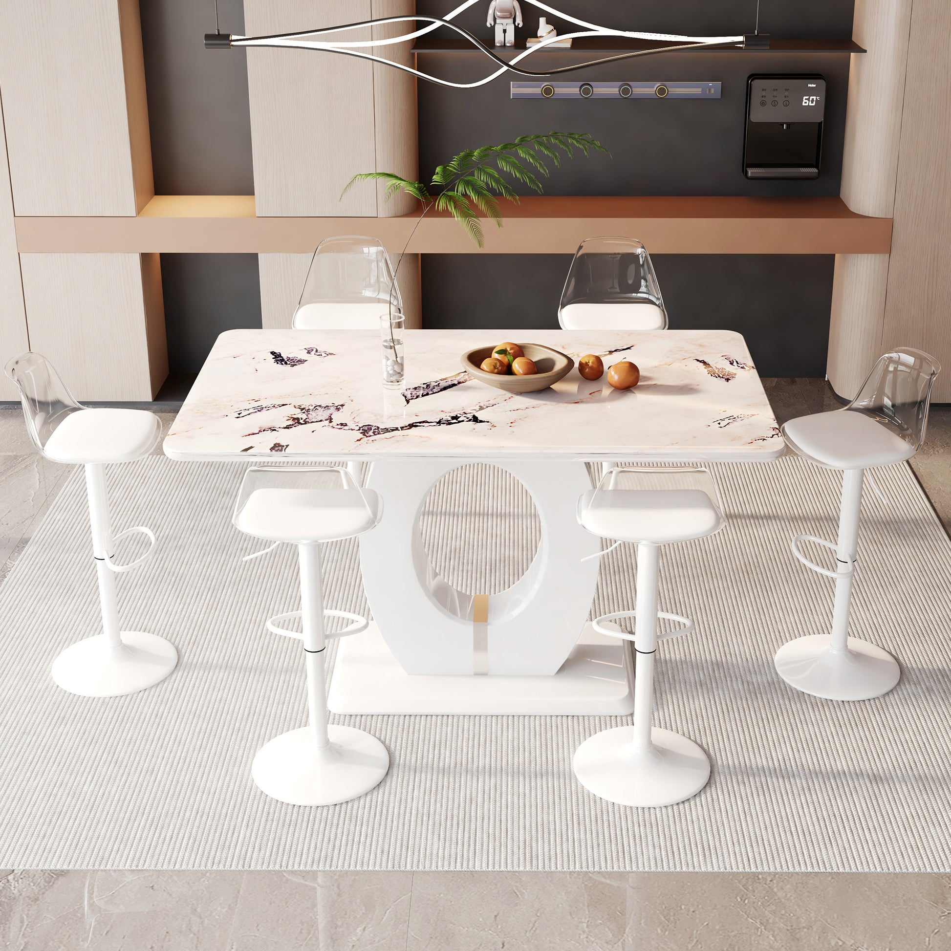 Tables And Chairs Set, Modern Minimalist Style White Marble Pattern Table, Bar Table. Can Rotate And Adjust The Lifting Bar Chair 360 . Pet Backrest And Pu Leather Seat Cushion. Bt 1280Lc 011 White Mdf