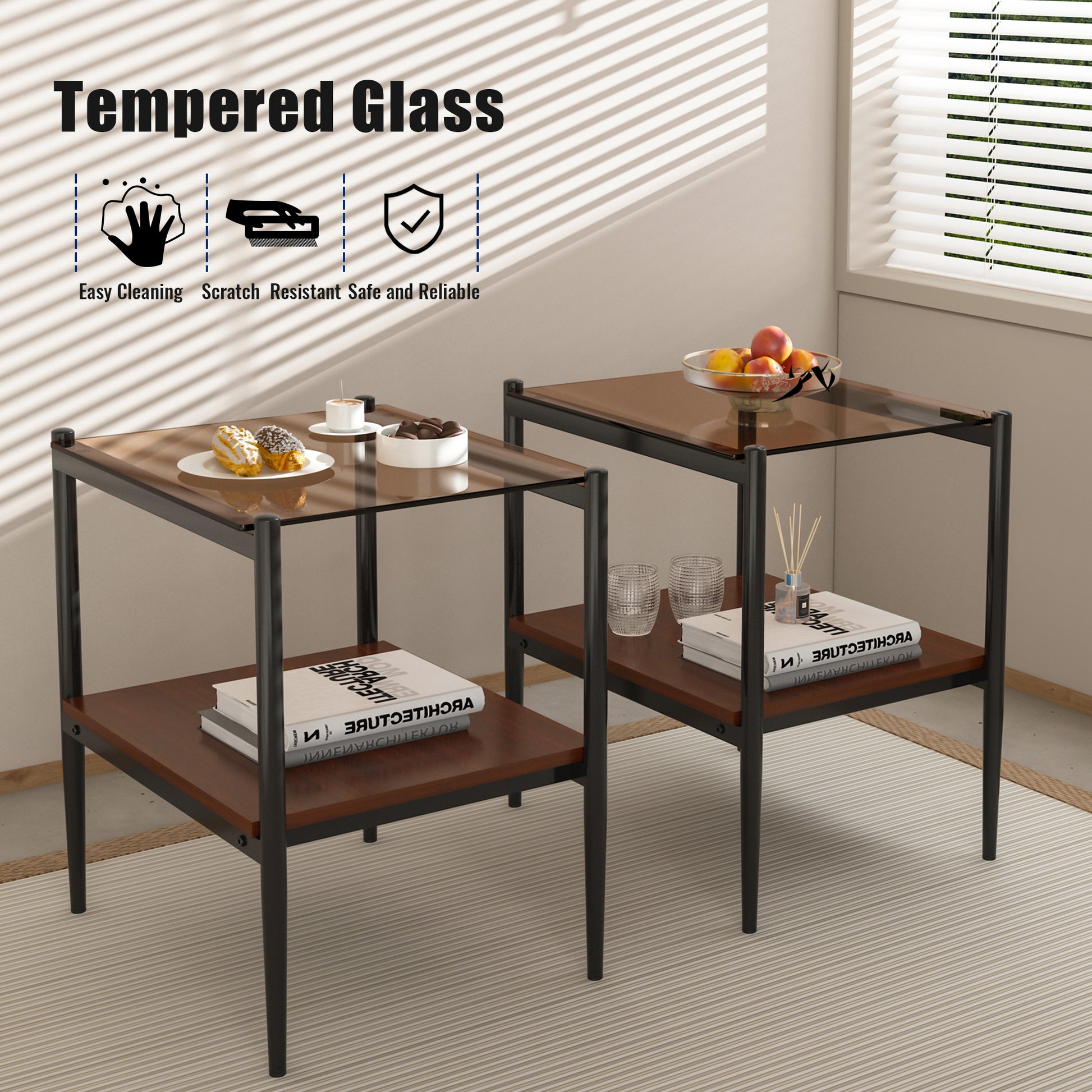 Coffee Table And End Tables Set Of 3, Tempered Glass Table With Mdf Layer, Modern Tables For Living Roombrown Glass Brown Tempered Glass