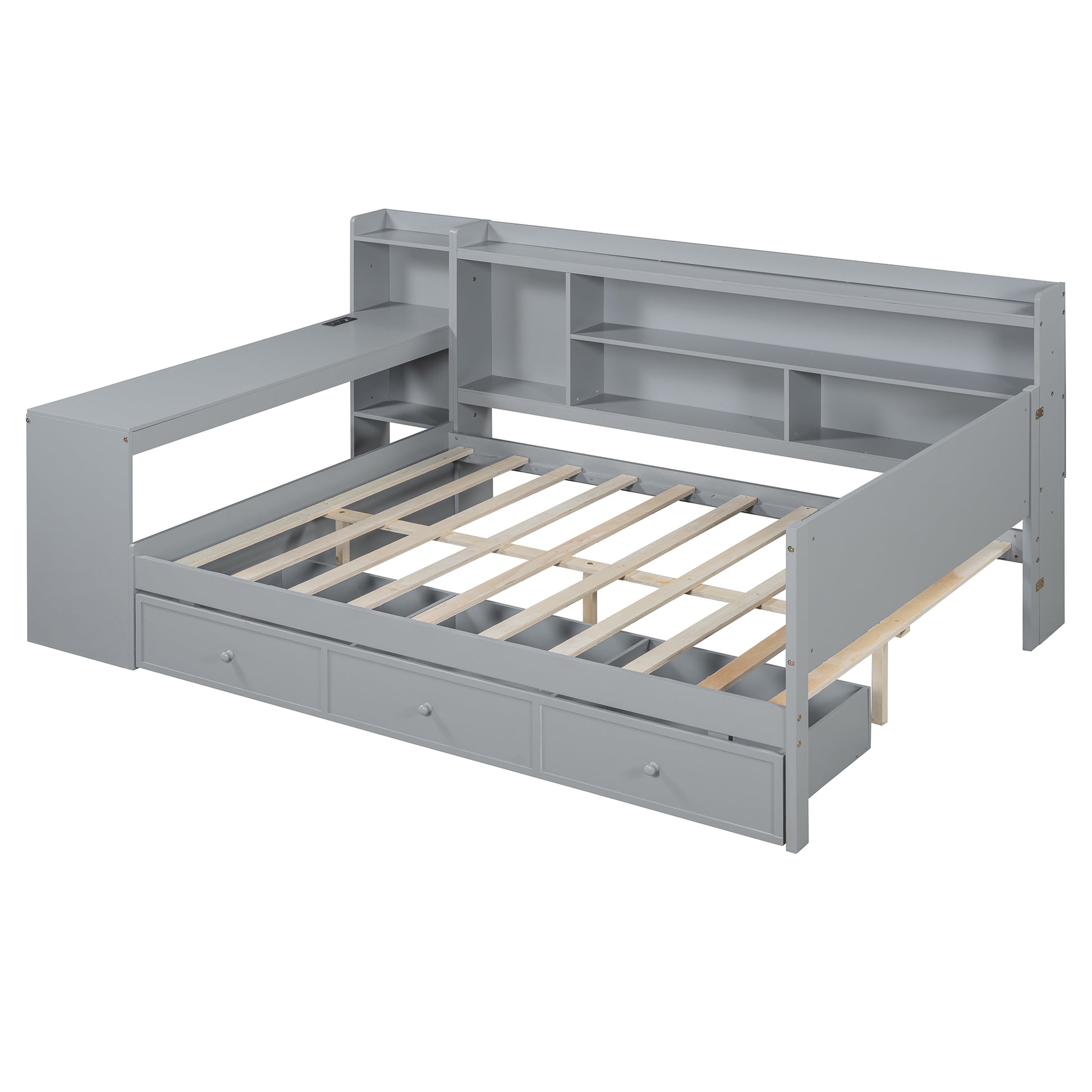 Full Size Wooden Daybed With 3 Drawers, Usb Ports And Deskgray Full Gray Wood
