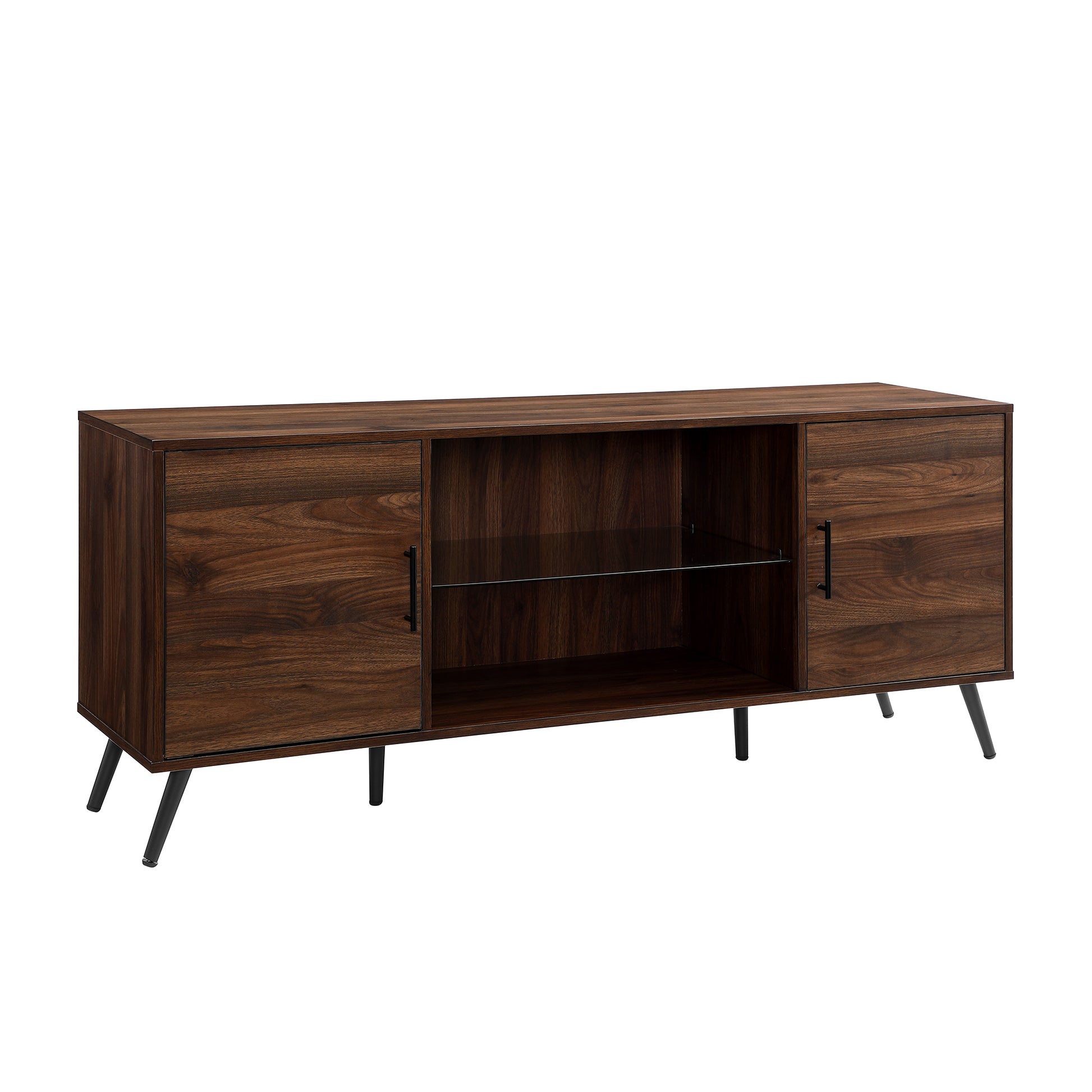 Mid Century Modern 2 Door 60" Tv Stand For 65" Tvs With Glass Shelf Dark Walnut Dark Brown Mdf