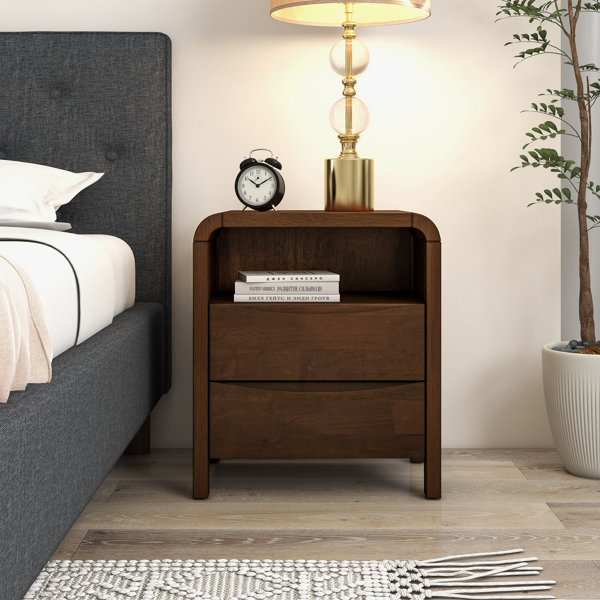 Lionel Mid Century Modern Solid Wood Nightstand 2 Drawer Brown Brown 2 Drawers Bedroom Bedside Cabinet Mid Century Modern Engineered Hardwood Shelf Walnut Finish Solid Wood