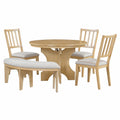 5 Piece Rustic Charm Round Dining Set With 3 Upholstered Chairs And Curved Bench For Dining Room, Kitchen And Living Room Natural Natural Rubber Wood