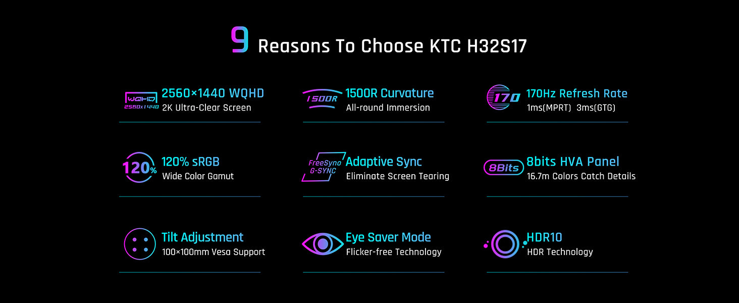 Ktc 32 Inch Curved Gaming Monitor, 2K 170Hz Monitor, 1440P 144Hz Monitor, 1500R Frameless, 1Ms, Hdr, Freesync Premium, Displayport Hdmi Usb, Vesa Wall Mount, Pc Monitor, H32S17 Black Metal