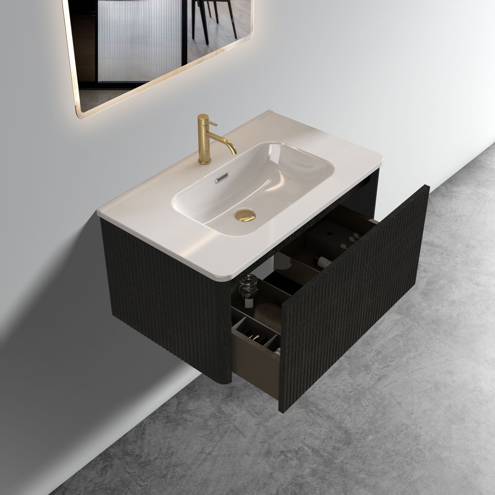 U057 Etna30W 308 Etna 30" Striped Brushed Black Oak Floating Bathroom Vanity With White Ceramic Sink, Bathroom Vanity For Modern Bathroom, One Piece White Basin Without Drain, Pre Assembled Black