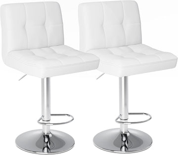 Bar Stools Set Of 2, Armless Hydraulic Kitchen Height Counter Bar Stools, Pu Leather Adjustable Swivel Barstools, Thickened Square Seat Cushion Barstool With Back, White White Metal