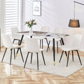 Table And Chair Set, Imitation Marble Texture Rock Board Table Top, Black Metal Table Legs. Paired With 6 White Artificial Leather Backrest Cushion Dining Chairs With Black Metal Legs. White Black Seats 6 Metal