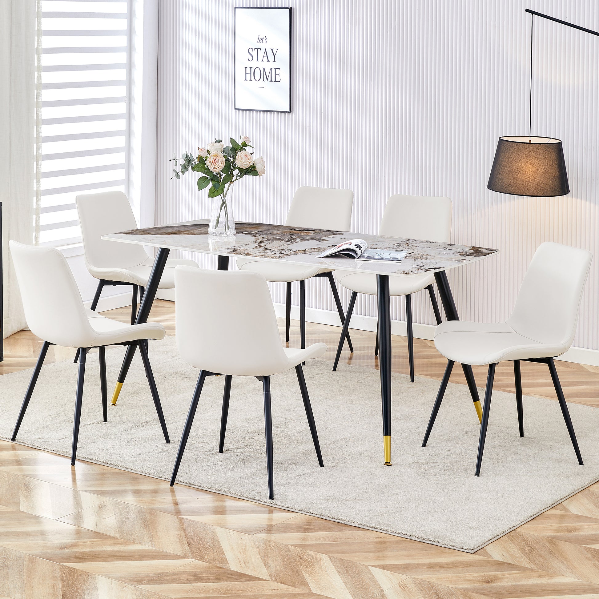 Table And Chair Set, Imitation Marble Texture Rock Board Table Top, Black Metal Table Legs. Paired With 6 White Artificial Leather Backrest Cushion Dining Chairs With Black Metal Legs. White Black Seats 6 Metal