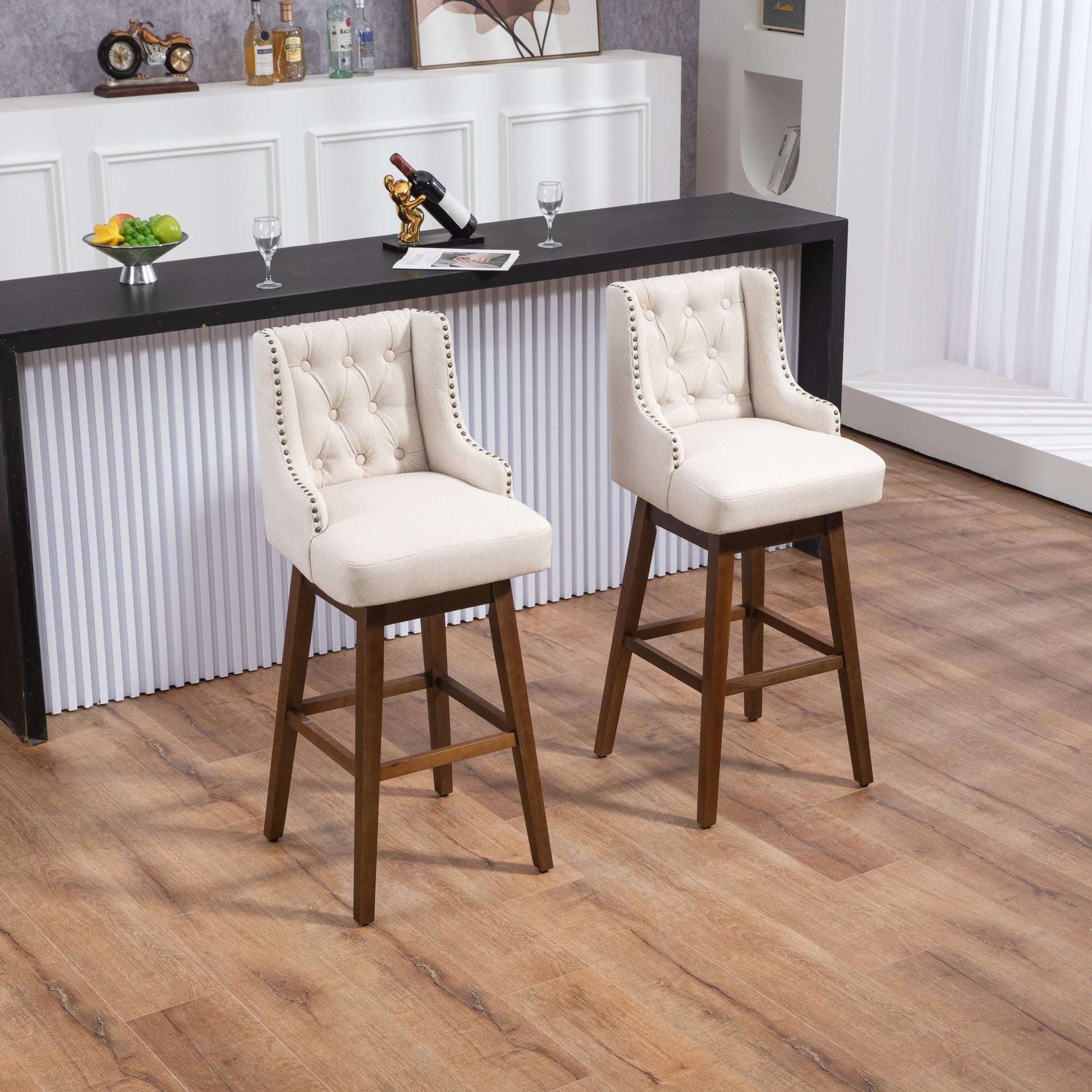 Coolmore Bar Stools Set Of 2 Counter Height Chairs With Footrest For Kitchen, Dining Room And 360 Degree Solid Wood Legs Swivel Bar Stools Set Of 2 Beige Linen Beige Foam Linen