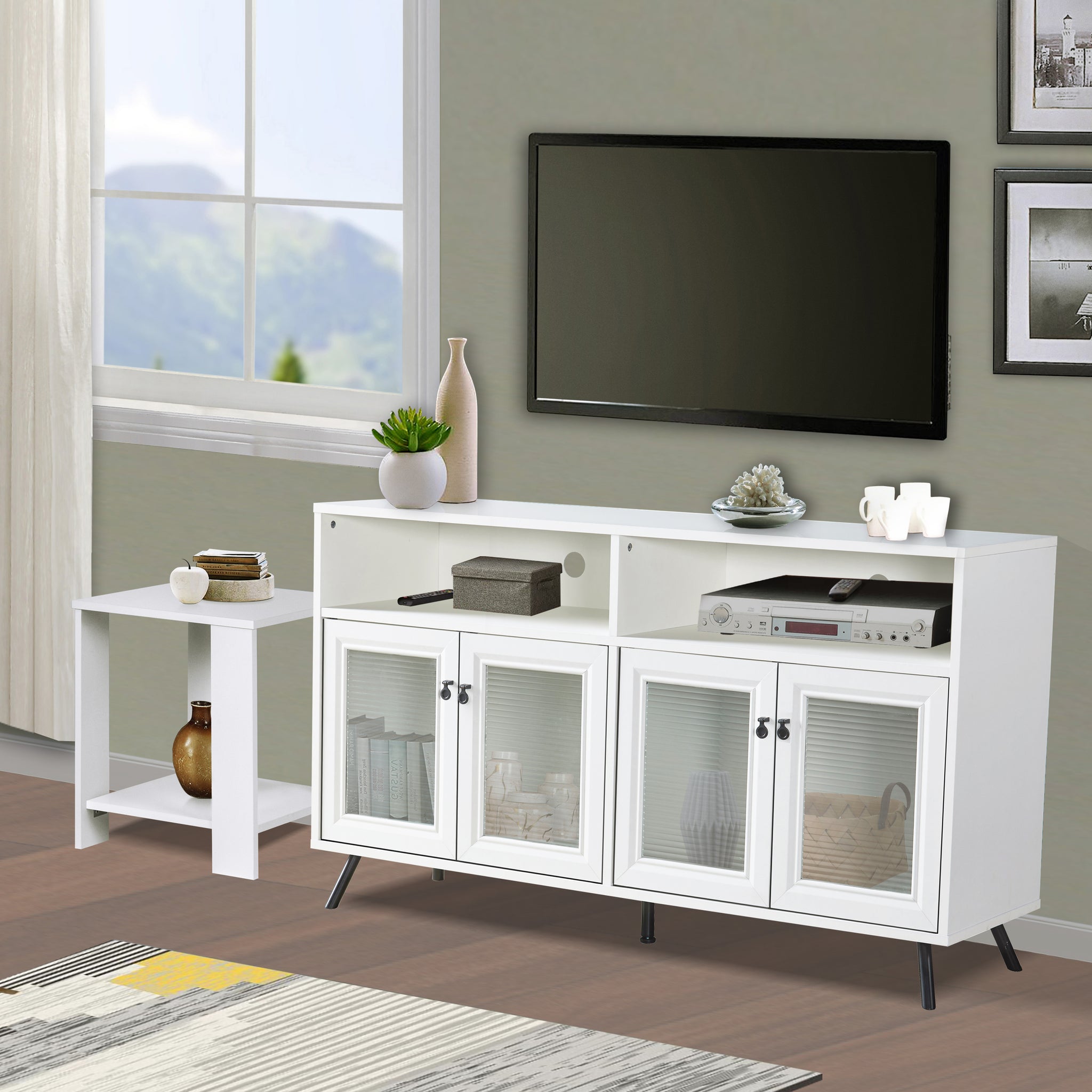 Tv Stand "Chic White Media Console Contemporary Tv Stand With Adjustable Legs And Cable Management" White 50 59 Inches Solid Wood