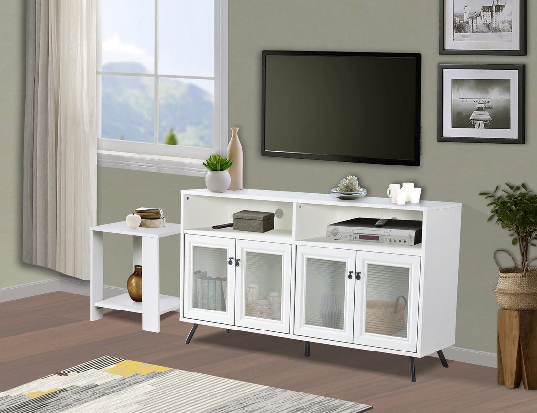 Tv Stand "Chic White Media Console Contemporary Tv Stand With Adjustable Legs And Cable Management" White 50 59 Inches Solid Wood