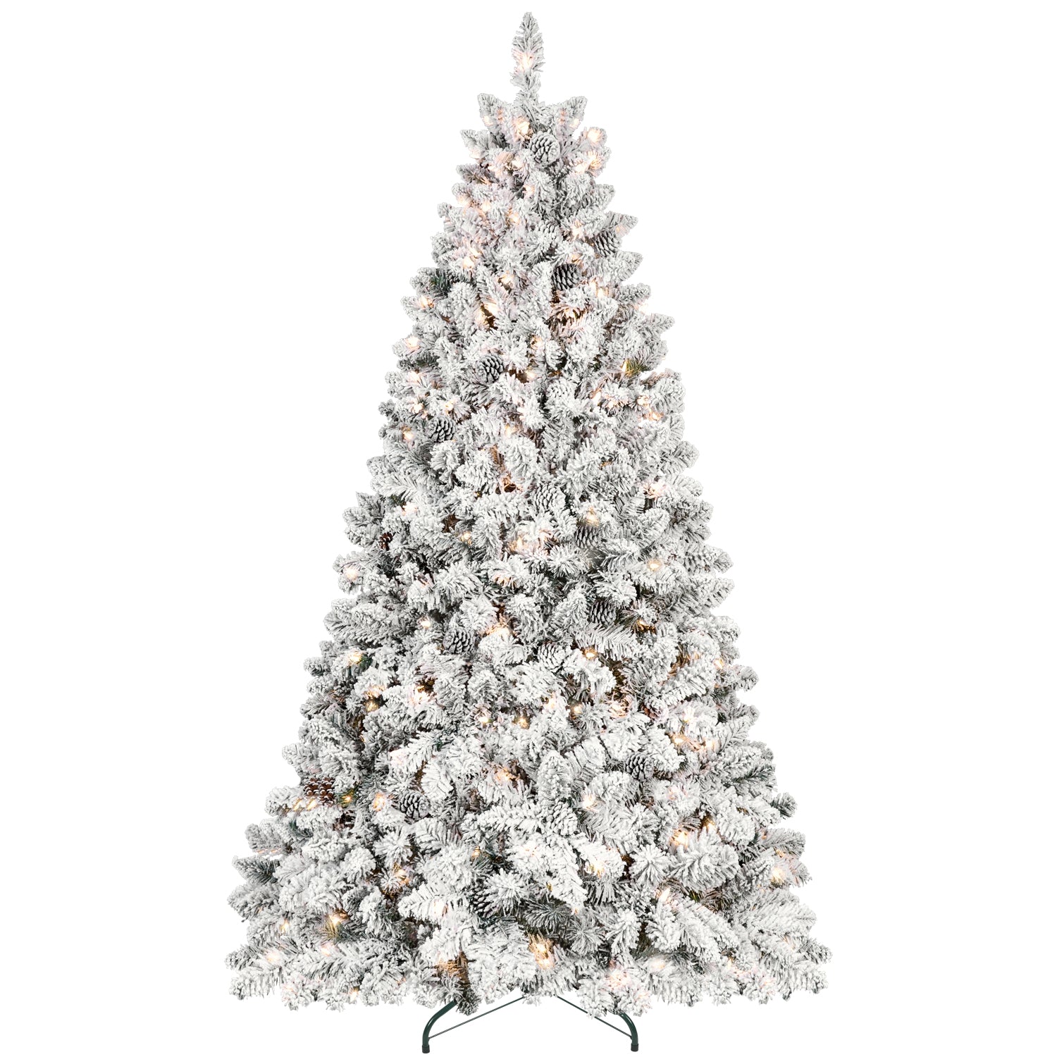 8Ft Snow Flocked Artificial Christmas Tree With Pine Cones, Prelit Xmas Trees, Hinged Easy Assembly & Reinforced Metal Base Ideal For Indoor & Outdoor Festive Decorations White Polyvinyl Chloride