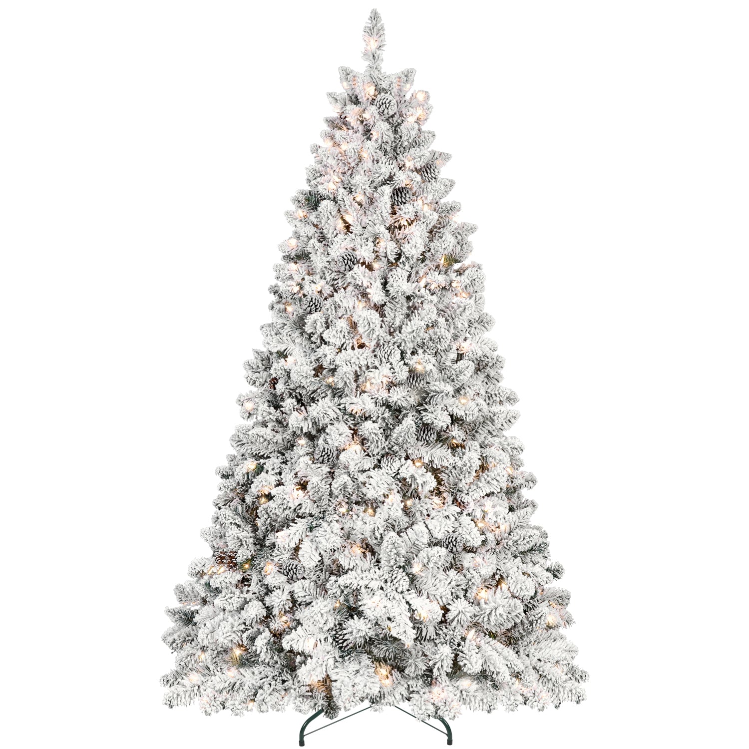 7.5Ft Snow Flocked Artificial Christmas Tree With Pine Cones, Prelit Xmas Trees, Hinged Easy Assembly & Reinforced Metal Base Ideal For Indoor & Outdoor Festive Decorations White Polyethylene