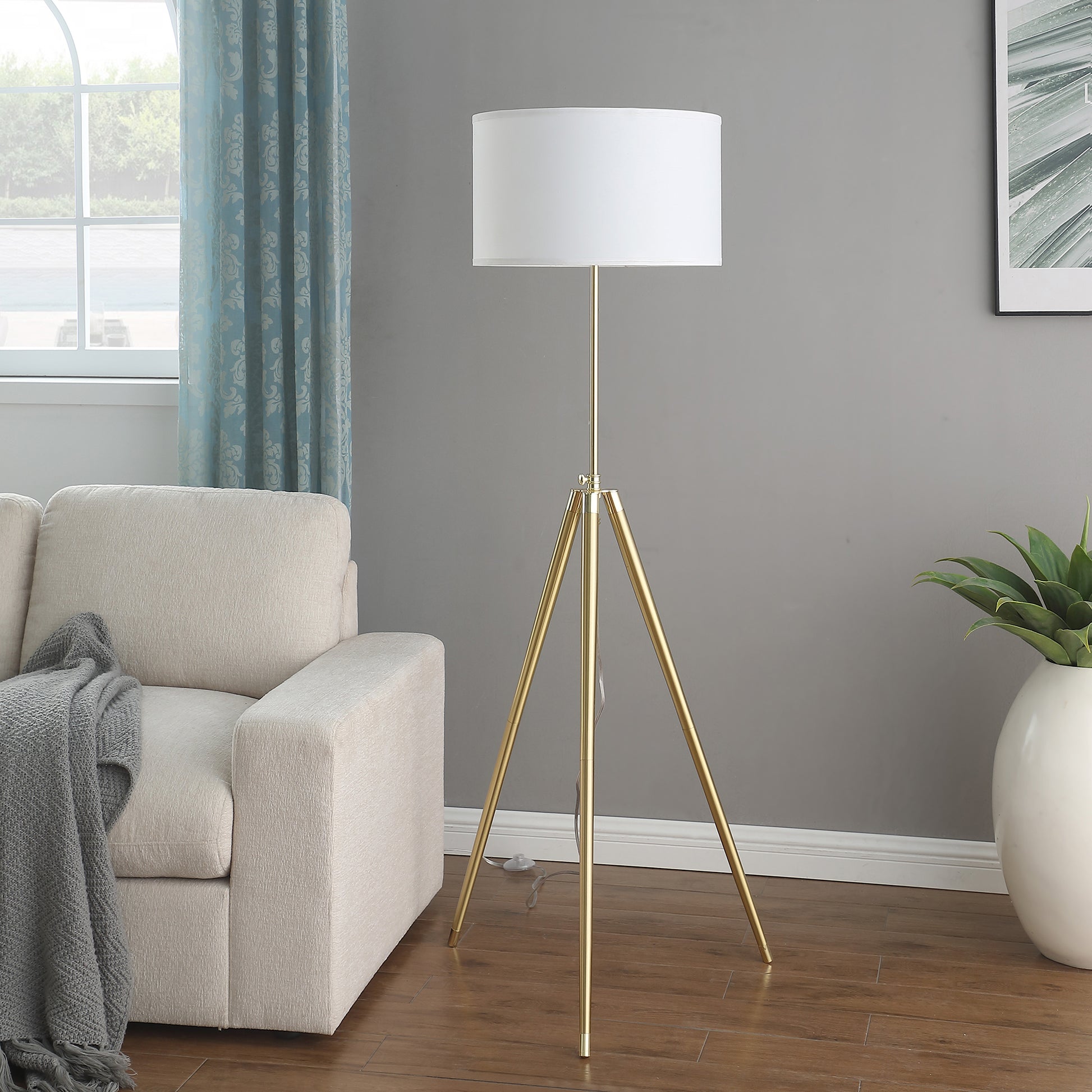 64" 47"H Adjustable Height Brass Shiny Gold Modern Tripod Floor Lamp For Living Room, Standing Lamp For Bedroom Gold White Fabric Metal