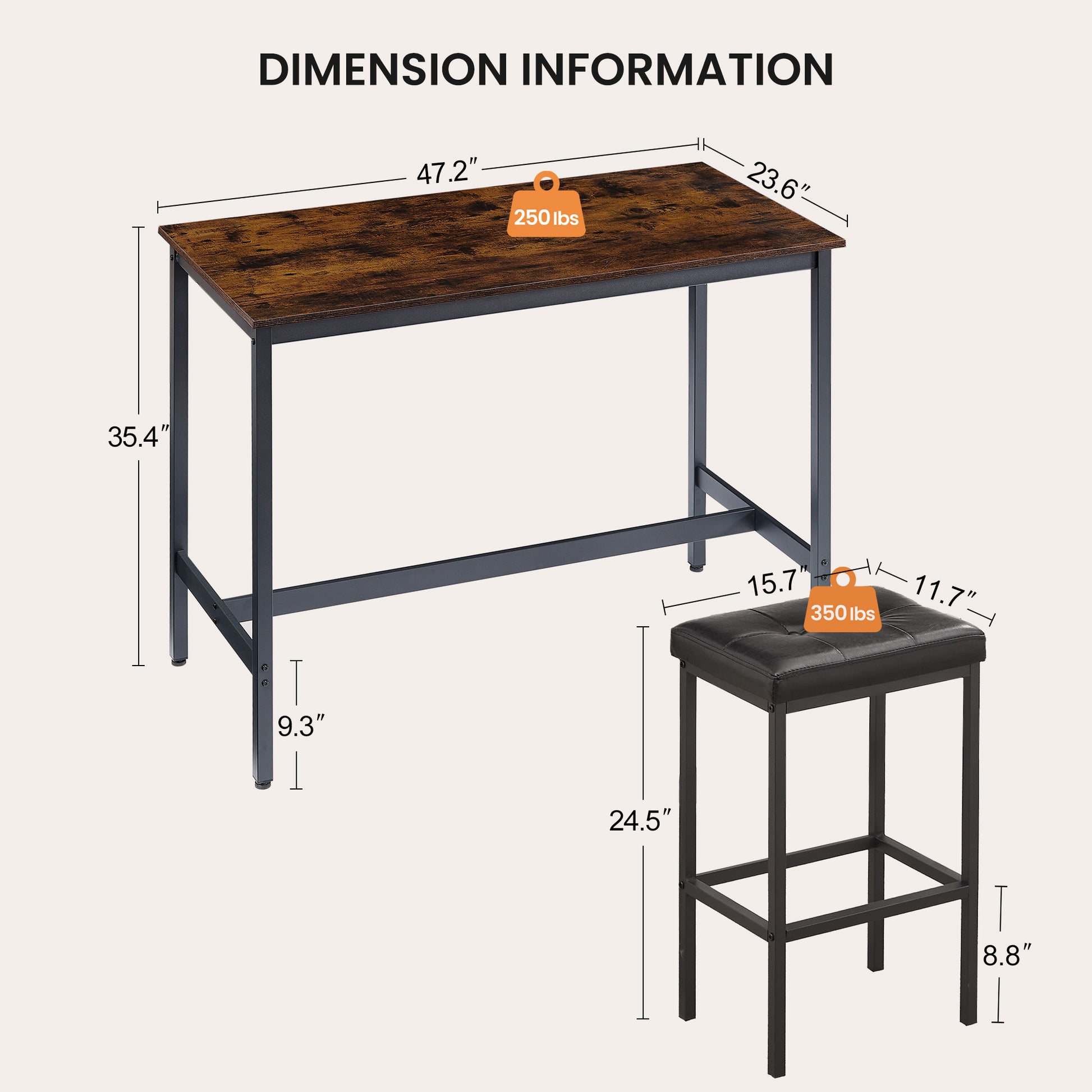 Pub High Dining Table 5 Piece Set, Industrial Style Pub Table, 4 Pu Leather Bar Chairs For Kitchen Breakfast Table, Living Room, Bar, Rustic Brown, 47.2 L X 23.6 "W X 35.4 "H Rustic Brown Particle Board