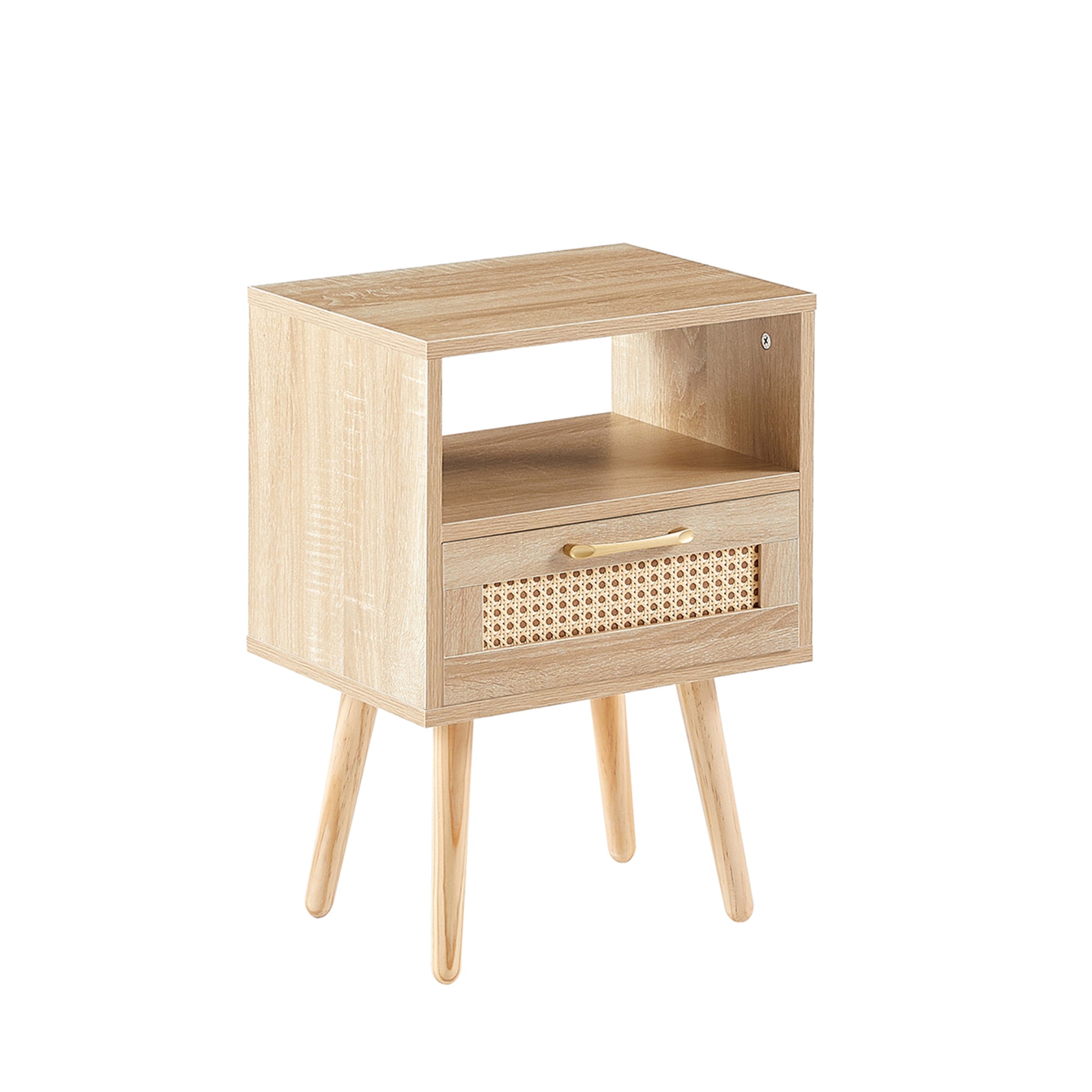 15.75" Rattan End Table With Drawer And Solid Wood Legs, Modern Nightstand, Side Table For Living Room, Bedroom,Natural Natural Mdf