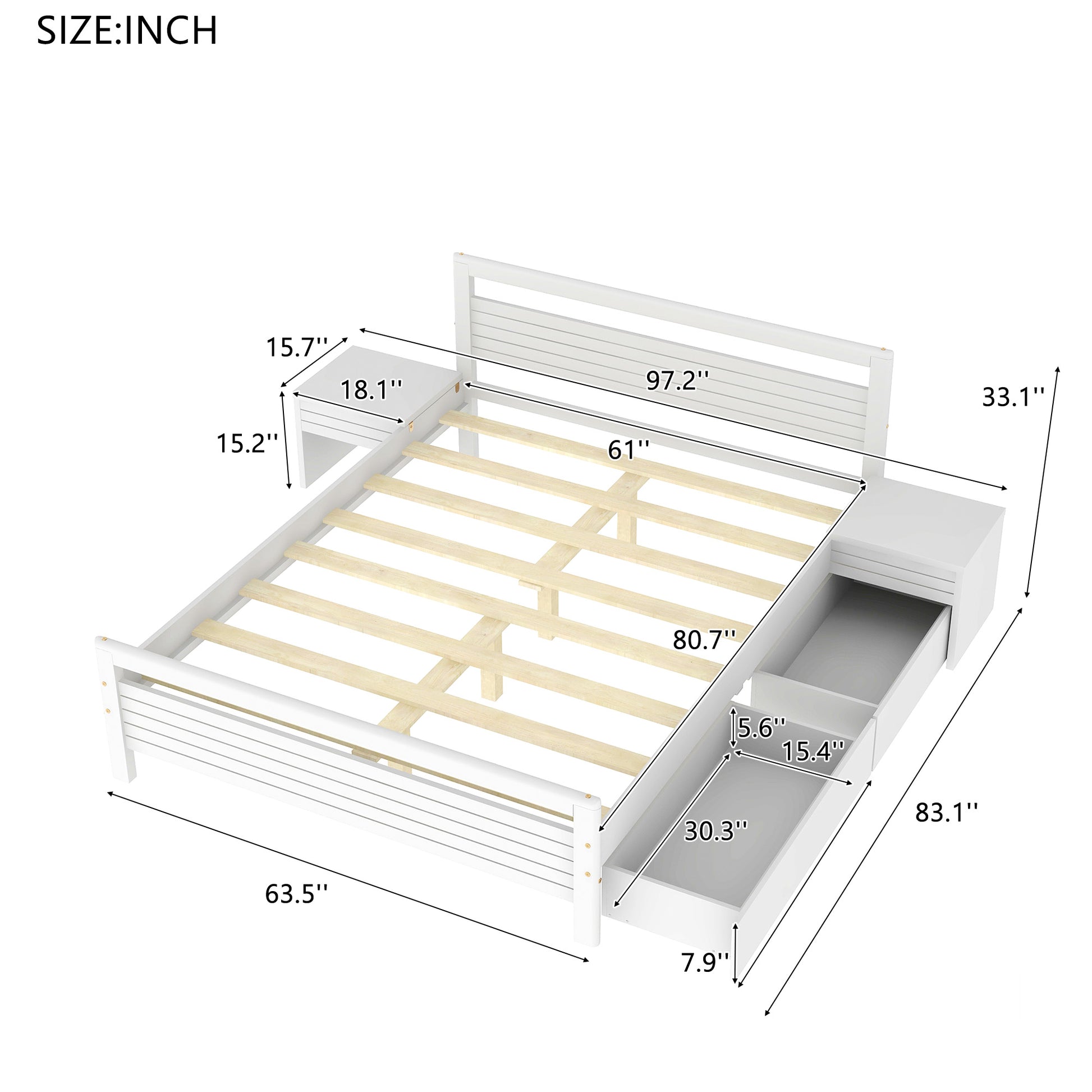 Queen Size Wooden Platform Bed With 2 Storage Drawers And 2 Bedside Tables, White Queen White Pine