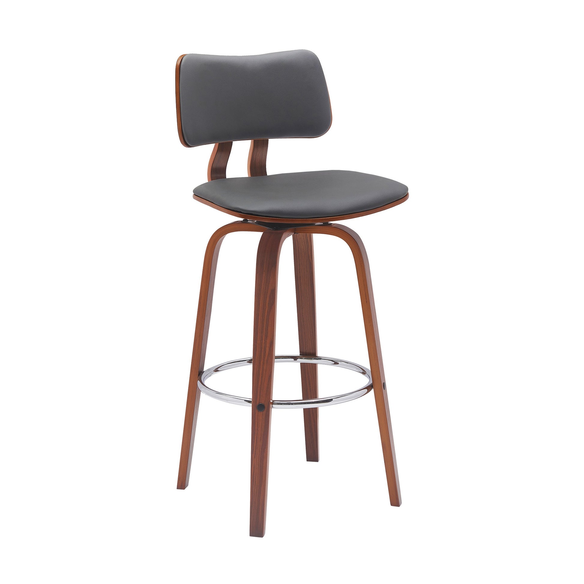 Pino 30 Inch Swivel Barstool Chair, Gray Faux Leather, Walnut Brown Wood Grey Brown Wood