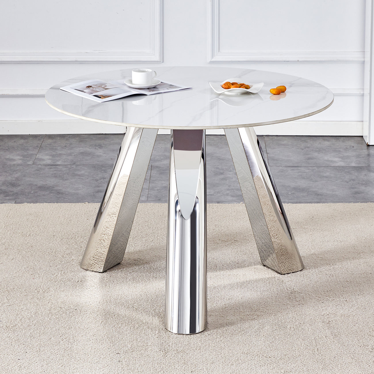 A 42 Inch Stainless Steel Leg Round Table With A Marble Top Is Suitable For Use By Four Or Six People Warm Grey,White Marble Metal,Sintered Stone