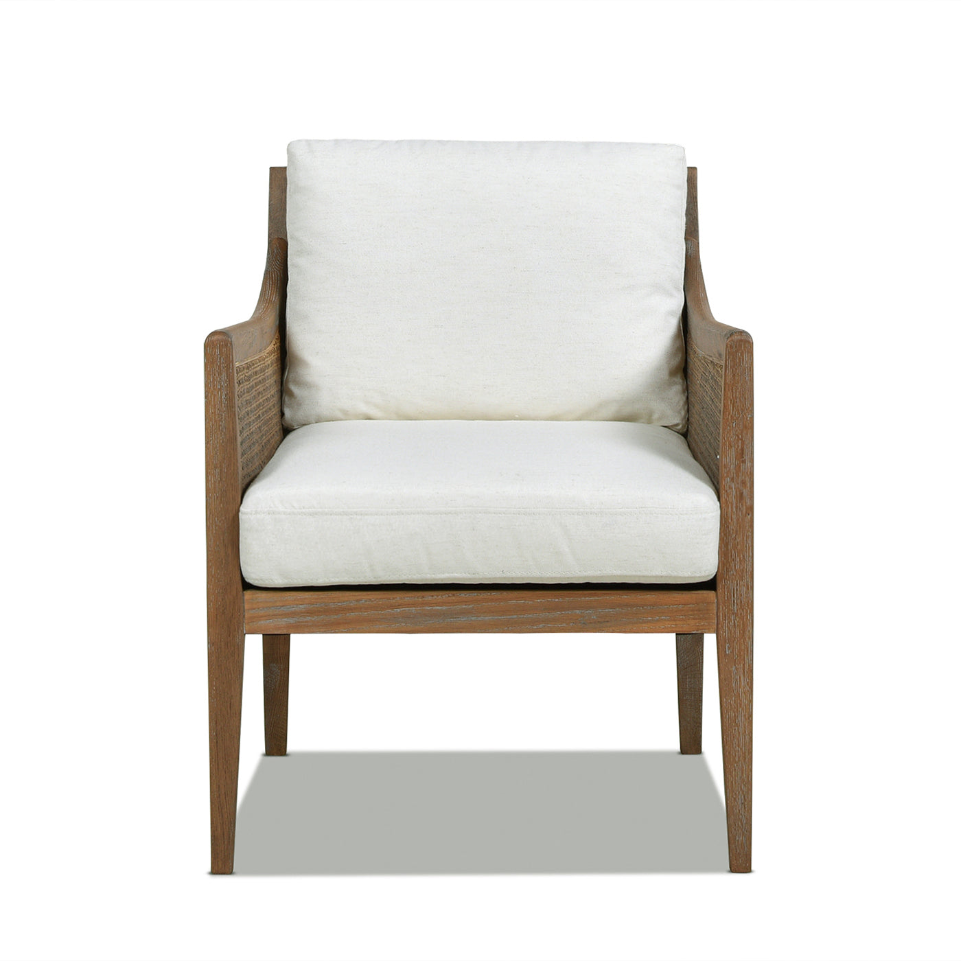 Ontario 24.5" Oak & Rattan Upholstered Accent Arm Chair, Natural White Linen White Foam Wood Fabric Rattan