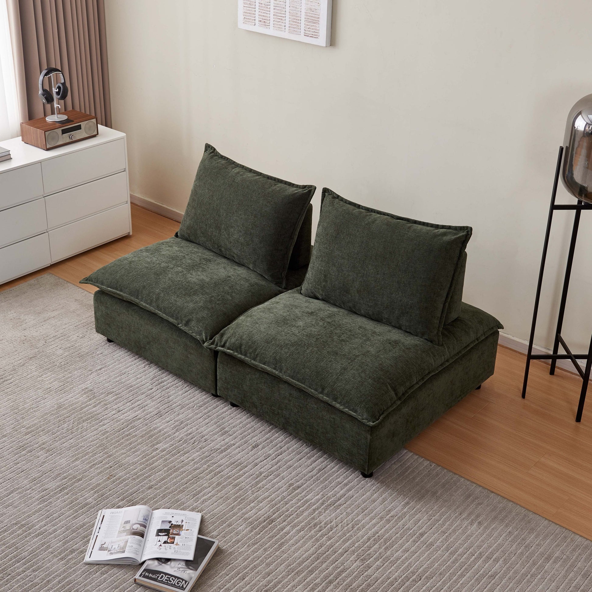 Modern 2 Seater Armless Sofa Couch For Living Room Modular Design, Ultra Soft Chenille Fabric, Easy Assembly, Sturdy Frame, Stylish And Comfortable Perfect For Apartments Green Foam Chenille 2 Seat