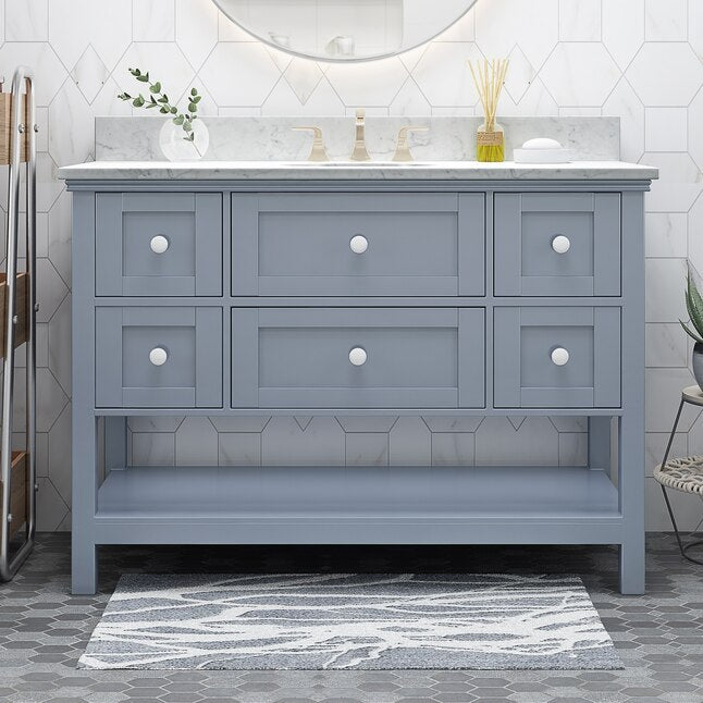 49'' Bathroom Vanity With Marble Top & Ceramic Sink, Open Shelf, 5 Drawers, Gray Same As N759S999002G Grey Plywood