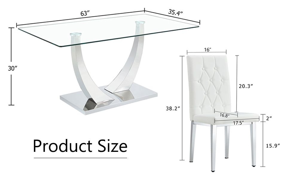 Table And Chair Set, Modern Dining Table, Tempered Glass Tabletop And Silver Colored Leg Table, Soft And Comfortable Dining Chair, Perfect For Dinner, Meetings, Home And Office Decor White Seats 6 Glass