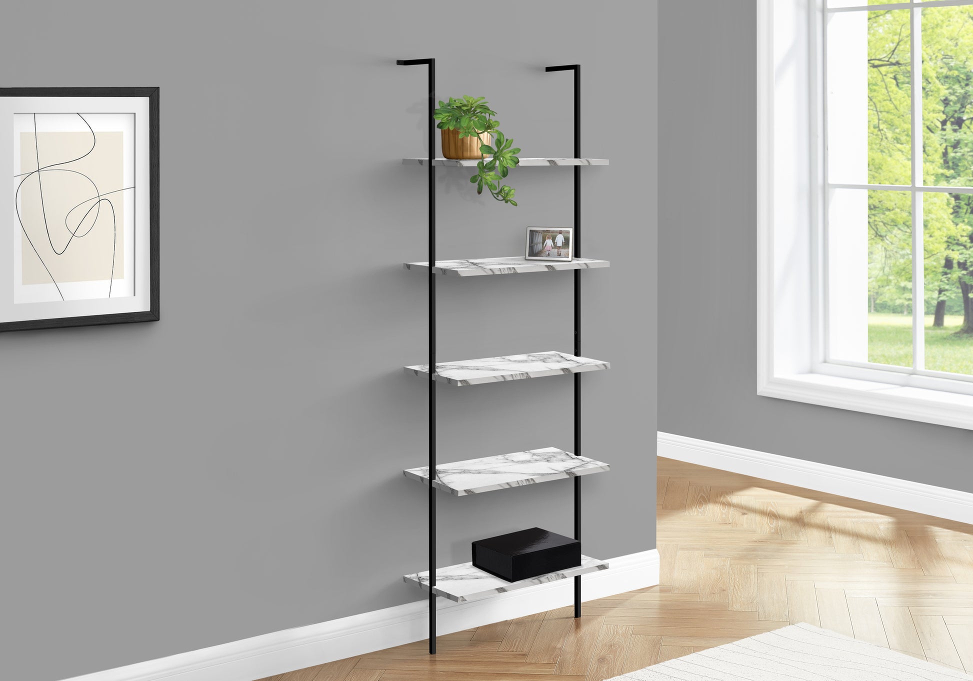 Bookshelf, Bookcase, Etagere, Ladder, 5 Tier, 72"H, Office, Bedroom, White Marble Look Laminate, Black Metal, Contemporary, Modern White Metal