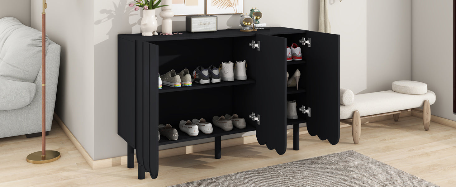 Cream Style Minimalist Shoe Cabinet With 5 Solid Wood Legs, Sideboard Buffet Cabinet With Adjustable Shelves, Large Storage Cabinet With Wave Doors For Living Room, Black Black Mdf