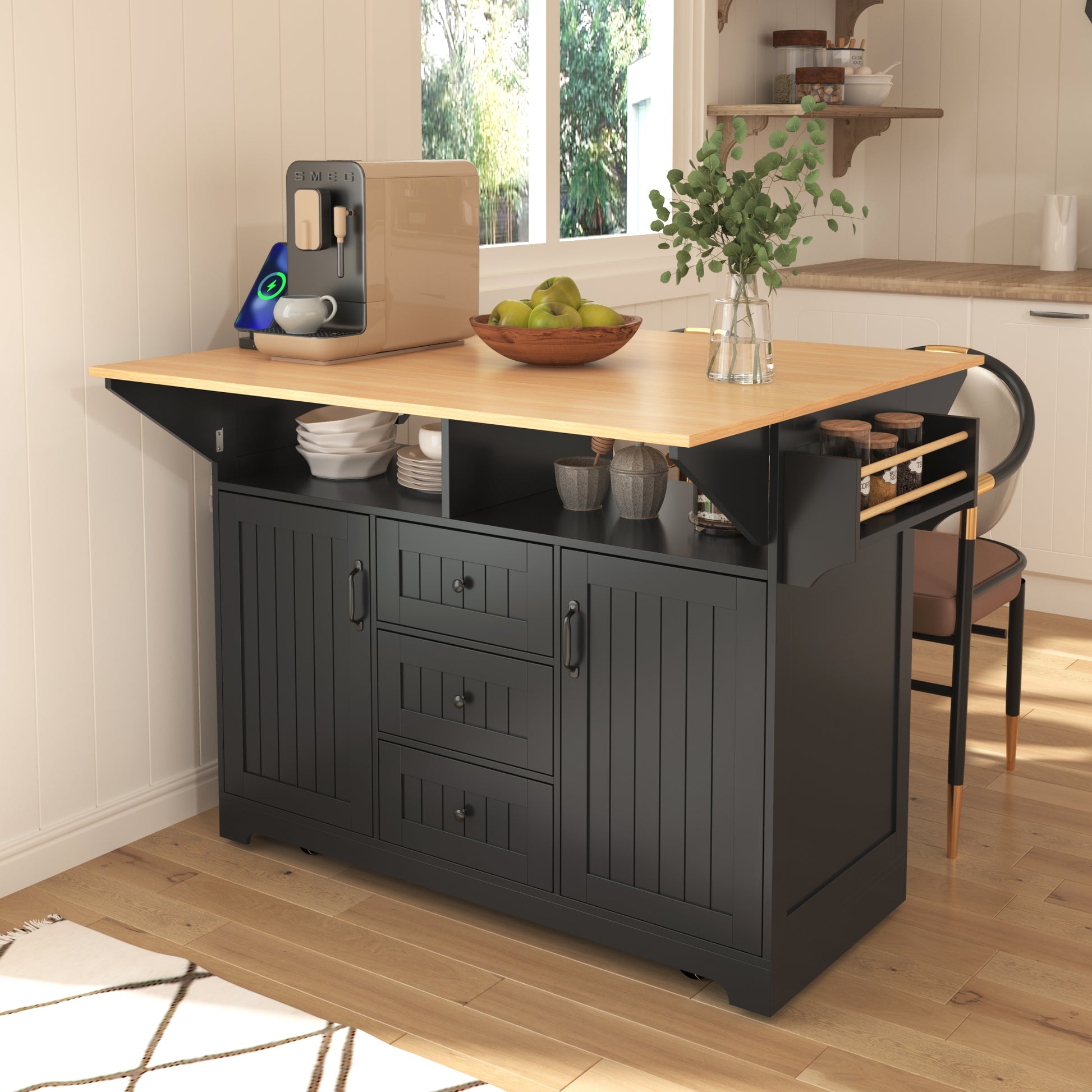 K&K 55.7'' Large Kitchen Island With 2 Drop Leaf, Rolling Kitchen Cart On 5 Wheels With Power Outlet, Folding Storage Dining Table With Spice & Towel Rack3 Drawers, For Kitchen, Dining Room,Black Black Brown Kitchen Classic,Farmhouse,Luxury,Modern