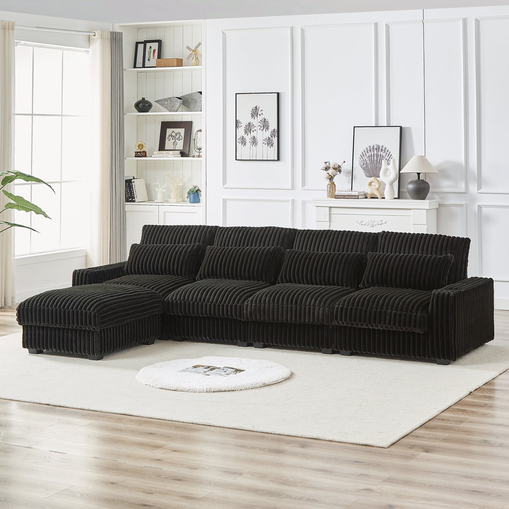 128 Inch Corduroy With Cup Holder Super Large L Shaped Sofa, Movable Footrest, Four Waist Pillows And Four Back Cushion, With Usb Port And T Pyce Port Black Corduroy 4 Seat