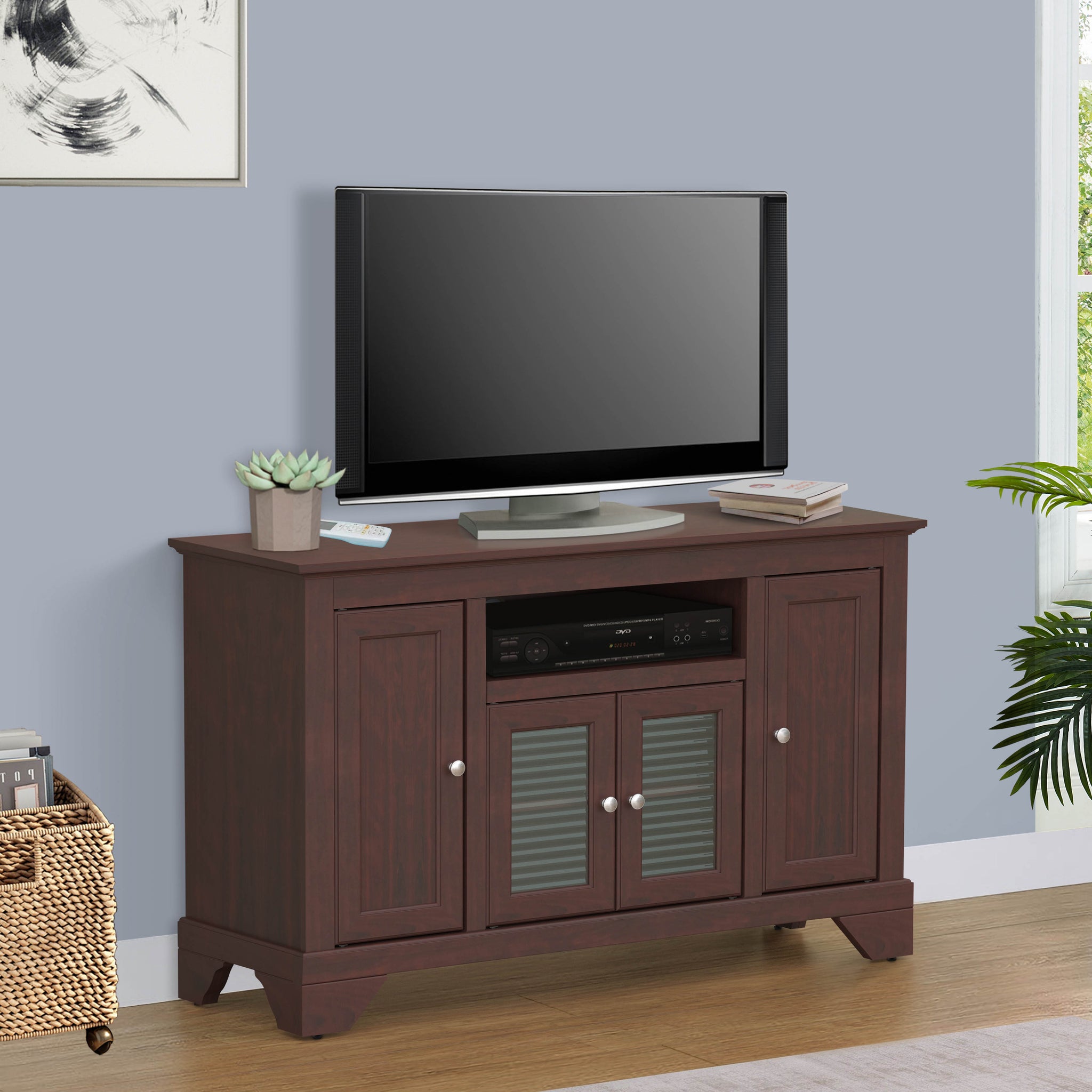 48" Tv Stand Elegant Cherry Media Console Modern Tv Stand With Storage, Entertainment Center For 65 85 Inch Tvs, Durable Scratch Resistant Surface, Contemporary Design With Bookshelves Brown Solid Wood