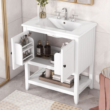 30" White Modern Sleek Bathroom Vanity Elegant Ceramic Sink With Solid Wood Frame Open Style Shelf & Door Shelf Design White Solid Wood