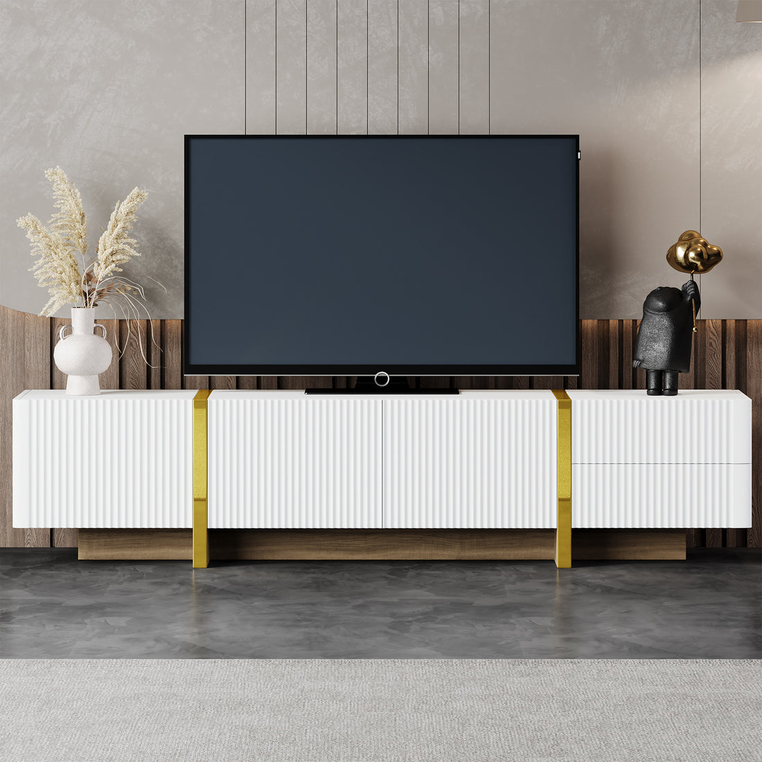 Luxury Fluted Tv Stand For Tvs Up To 80'', Modern Entertainment Center With Storage Cabinets & Drawers, Smooth Media Console With Golden Wood Grain Legs For Living Room, White White Primary Living Space 80 89 Inches Particle Board Mdf