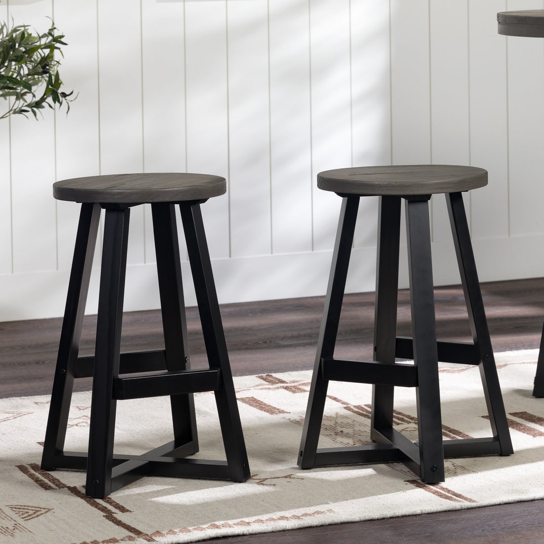 Rustic Distressed Solid Wood Round Dining Stool
