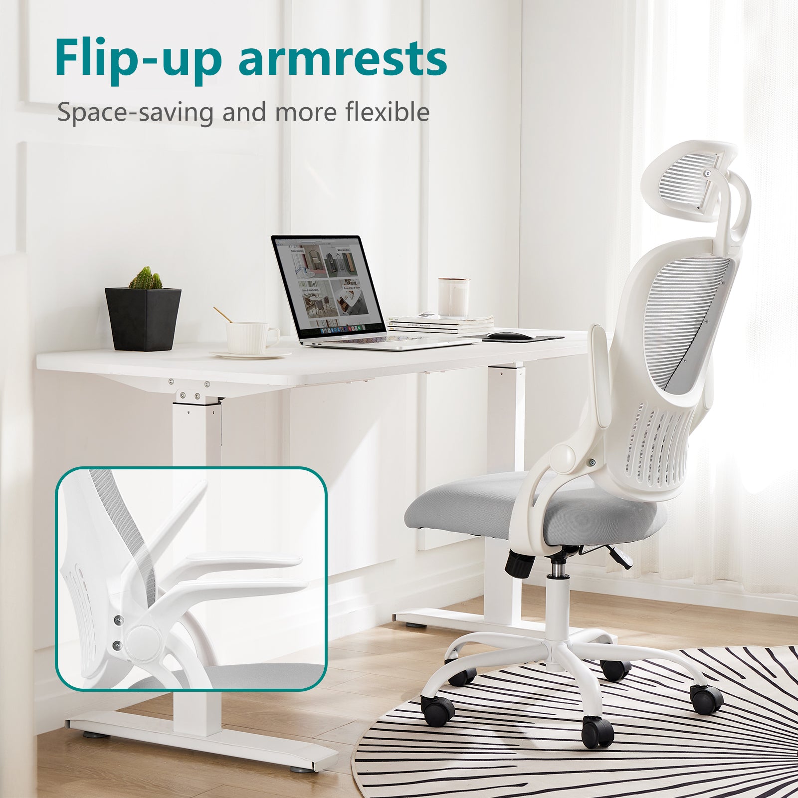 Office Chair, Comfortable Swivel Chair With High Back, Wheels, Adjustable Headrest, Comfortable Lumbar Support, Flip Arm, Pink Grey Stainless Steel