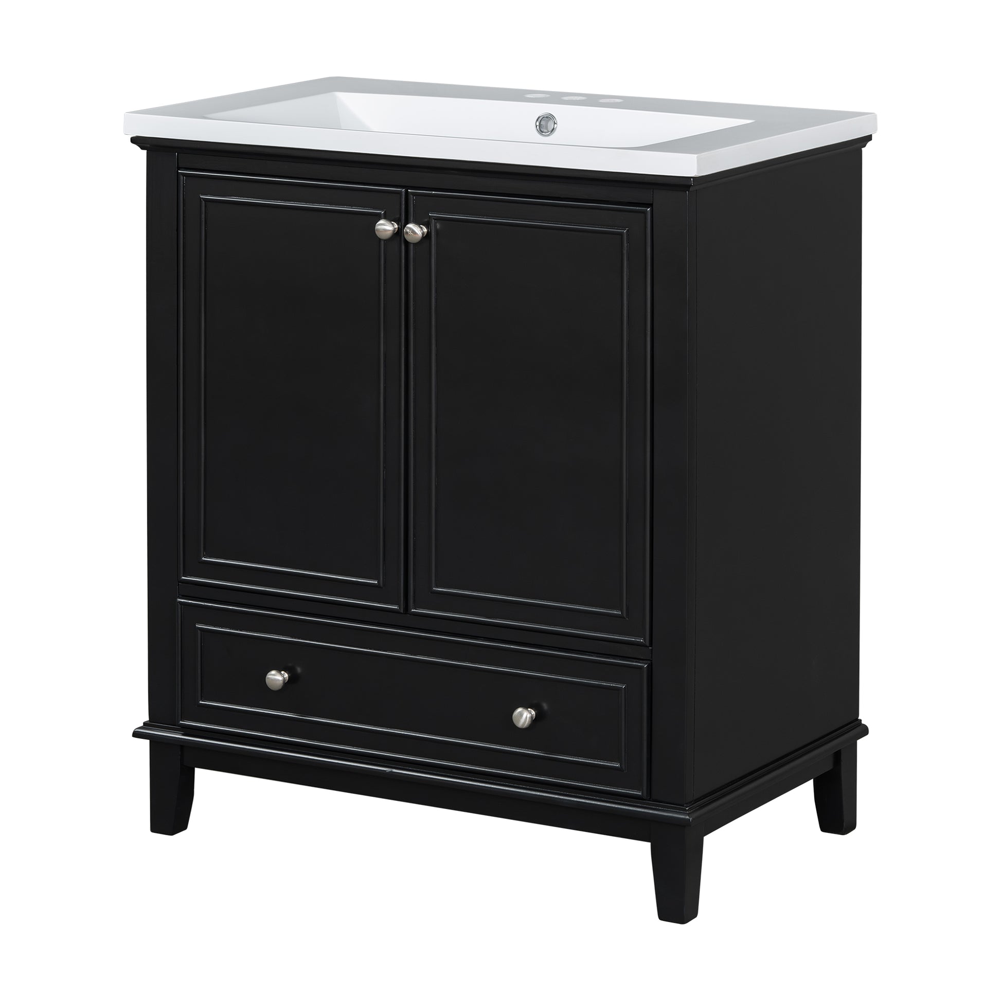 30" Bathroom Vanity With Sink Combo, Multi Functional Bathroom Cabinet With Doors And Drawer, Solid Frame And Mdf Board, Black Black Solid Wood Mdf