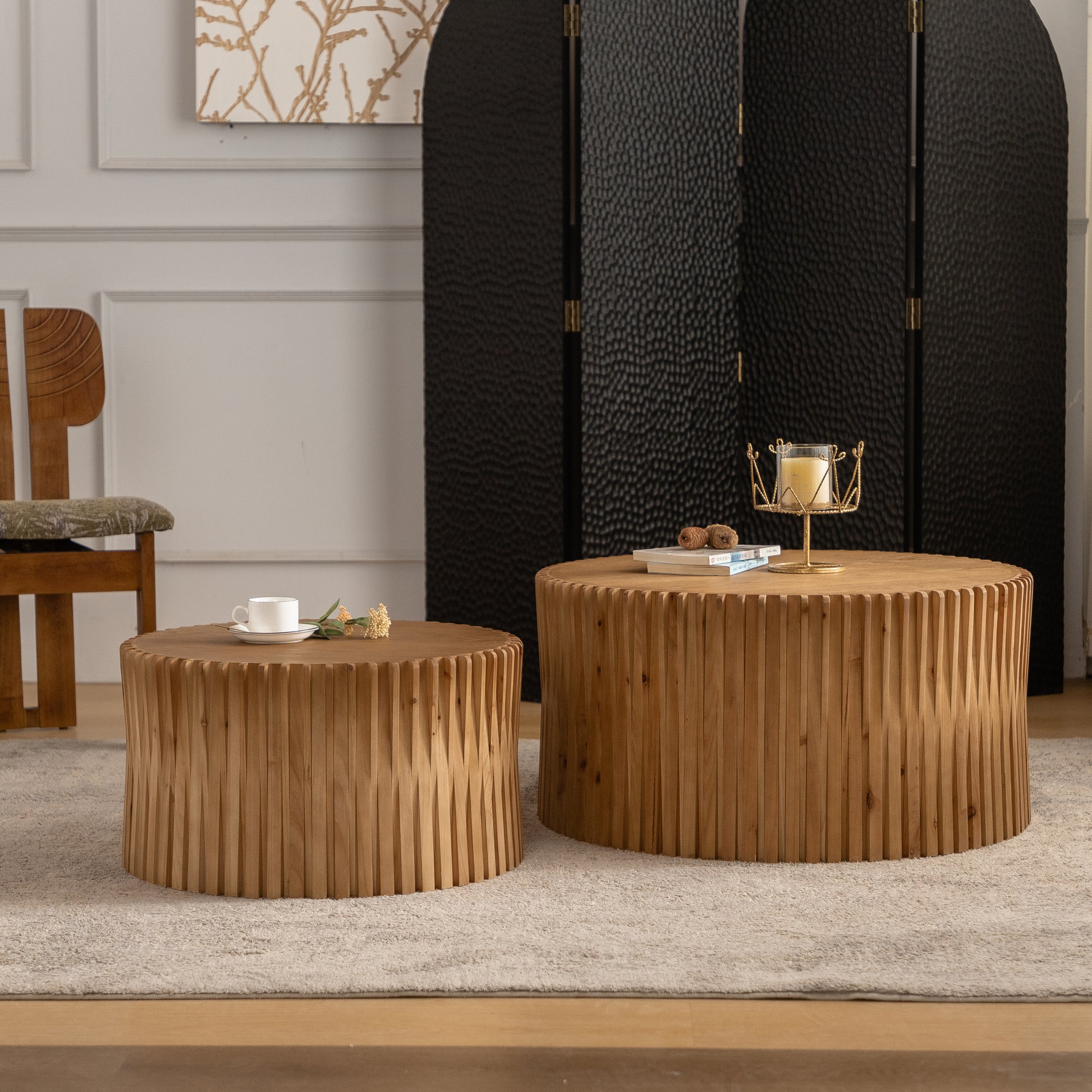 Vintage Fashion Style Cylindrical Nesting Coffee Table Set With Vertical Textured Embossed Design For Living Room, Office And Dining Room, Natural Set Of 2 Natural Mdf