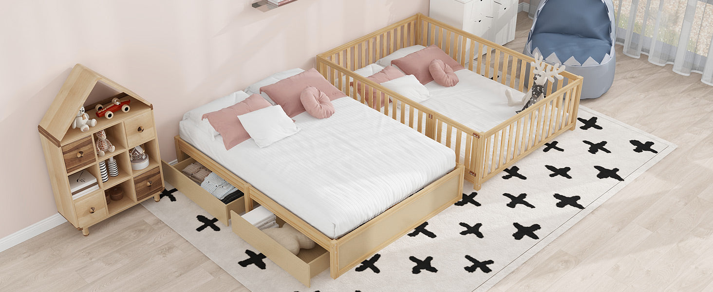 Full Size Wood Daybed With Fence Guardrails And 2 Drawers, Split Into Independent Floor Bed & Daybed, Natural Old Sku :Lp000882Aan Full Natural Solid Wood Mdf