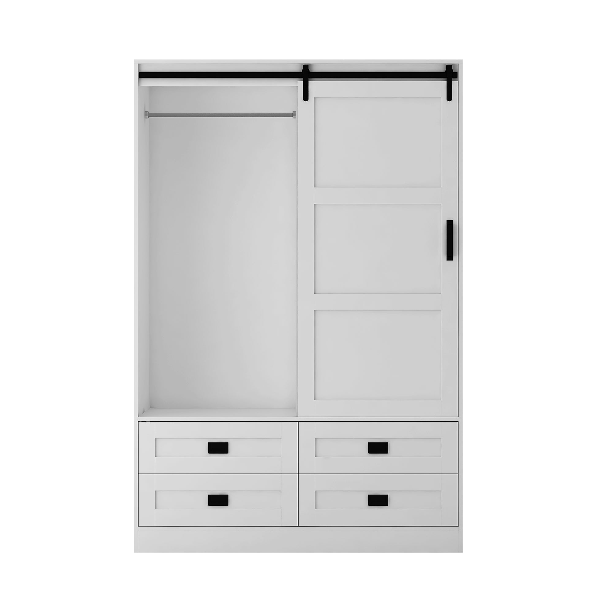 Tall Bedroom Armoire Wardrobe Closet Clothing Storage Cabinet With Hanging Rod Barn Door Drawers Open Shelves White Mdf