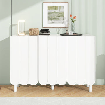 Cream Style Minimalist Shoe Cabinet With 5 Solid Wood Legs, Sideboard Buffet Cabinet With Adjustable Shelves, Large Storage Cabinet With Wave Doors For Living Room, White White Mdf