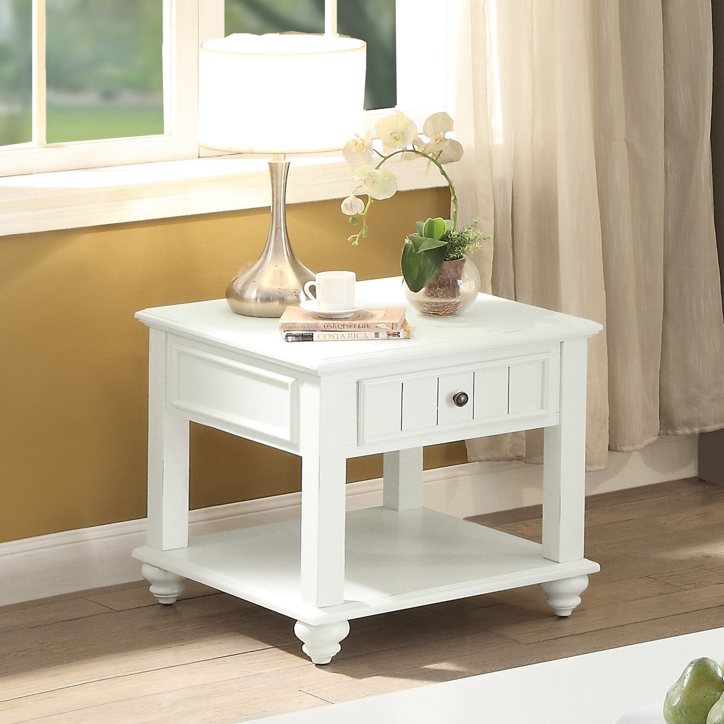 White Washed End Table With Bottom Shelf White Primary Living Space Traditional Poplar Drawers Rectangular Wood