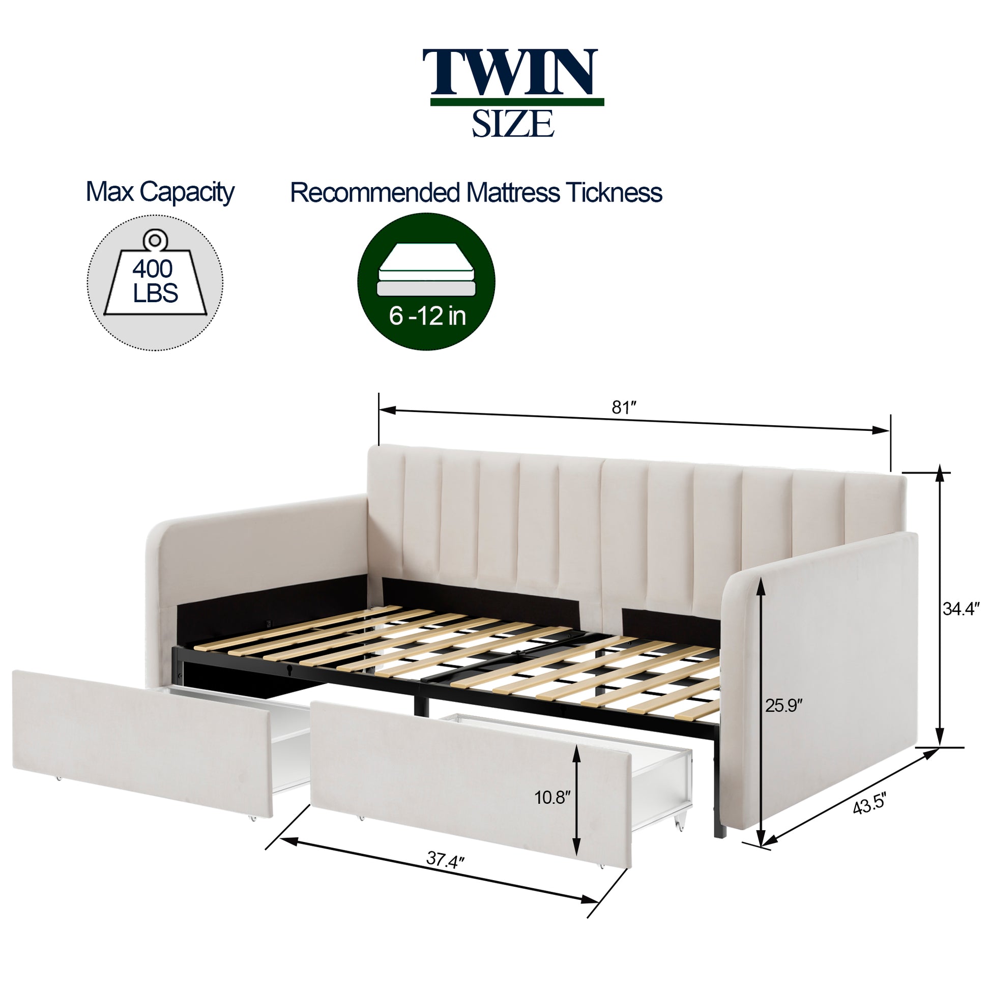 Flora Upholstered Daybed With 2 Drawers, Twin, Ivory Velvet, Ribbed Tufted Backrest, Daybed In Lavish Modern Design Box Spring Not Required Twin Ivory Metal Bedroom Classic,Contemporary,Minimalist,Traditional,Transitional Daybeds Upholstered Upholstered