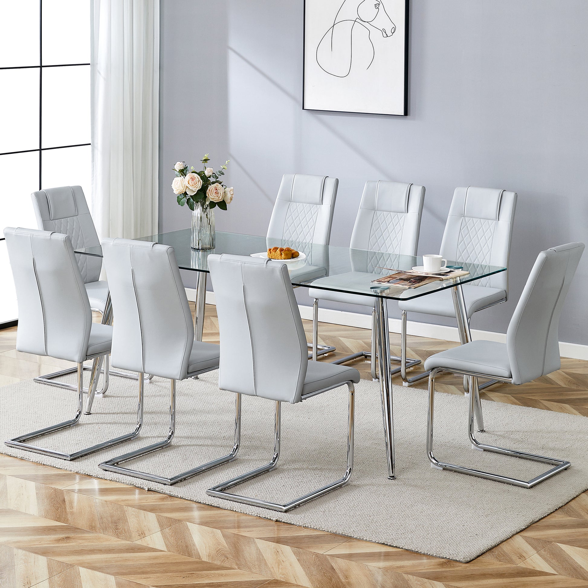 Table And Chair Set.Modern Rectangular Glass Dining Table With A Tempered Glass Tabletop And Silver Metal Legs, Paired With Multiple Chairs Designed With Pu Cushions And Silver Metal Legs. Gray Silver Seats 8 Tempered Glass